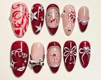 Crystal Valentine-nagelset, rode persnagels met sterren, strik, Franse tips, romantische nagels, perfecte vakantieaccessoire Herbruikbare nagels, cadeau