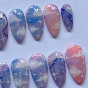 Cloud press on nails, Galaxy false nails, Pastel sky nails, Handmade nail art, Starry night nails, Moon press on set, Dreamy nail design, Cosmic nail art set, Cute pastel nails, Reusable false nails, Fantasy nail tips, Gift for her nails, Celestial press on