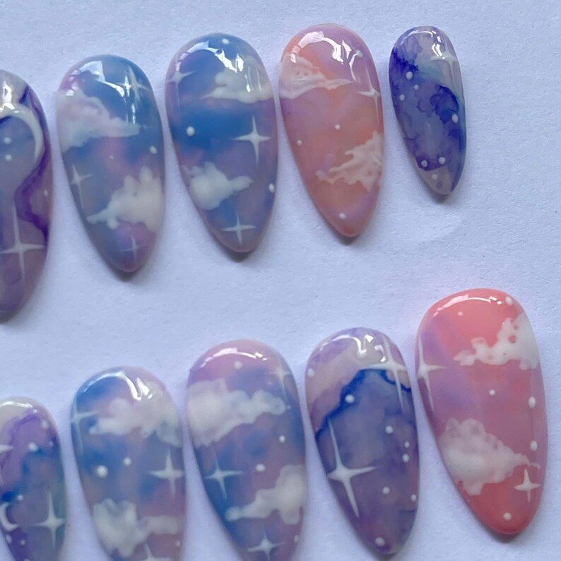 Cloud press on nails, Galaxy false nails, Pastel sky nails, Handmade nail art, Starry night nails, Moon press on set, Dreamy nail design, Cosmic nail art set, Cute pastel nails, Reusable false nails, Fantasy nail tips, Gift for her nails, Celestial press on