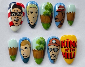 Unieke popcultuur amandelnagelset, aangepaste amandelpers op nagels, handgemaakte cartoon nailart, grillige film valse nagels, cadeau voor fans.