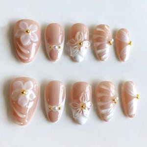3D Orchids Press On Nails, 3D Flowers, Pastel Nail Set, Almond Nails with French Tips, Gems, Birthday/Holiday Nails, Daily Nails, Nail Gifts