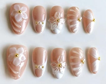 Uñas postizas con orquídeas 3D, flores 3D, set de uñas pastel, uñas almendradas con puntas francesas, gemas, uñas para cumpleaños y festividades, uñas para uso diario, regalos de uñas