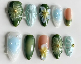 Emerald Green Press On Nails with Orchid Flower, French Tips, Autumn Nails, Party Nails, Daily Nails, Reusable Nails, Perfect Gift for Her.