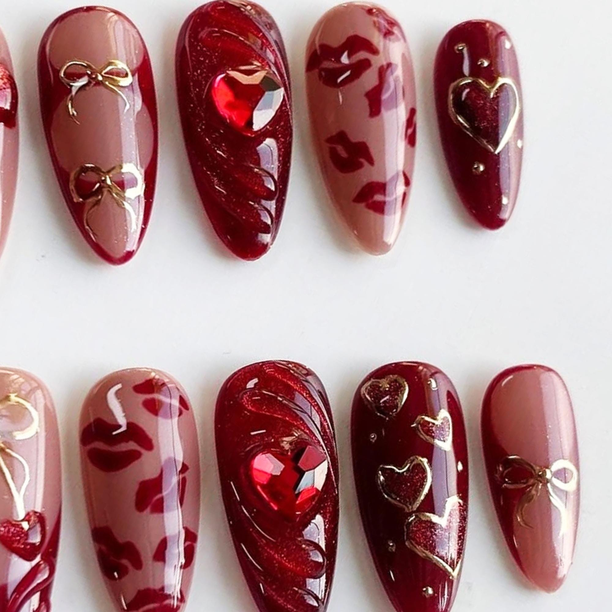Glitter Valentine Nail Set, Red Press-on Nails With 3D Heart
