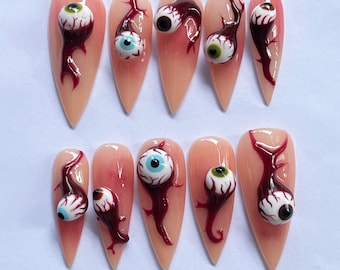 3D Eyeball Press On Nails, Long Stiletto Nail, Bloody Horror Nail Art, Festival Nails, Scary Halloween Fake Nails for Cosplay & Spooky Gifts