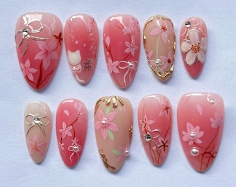 Pink Sakura Press On Nails, Almond Nails with Handmade Cherry Blossom, Bow Nail Art, Romantic Nails, Elegant Spring Fake Nail for Women Gift