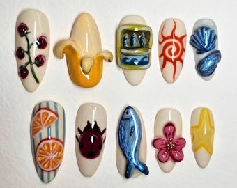 Whimsical Summer Press On Nails, Vibrant Almond Nail Set, Fish Nails, Fruit Nails, 3D Press On Nails, Ocean Press On, Fruit Press On Nails