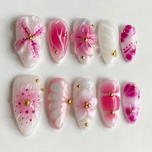 Lily Floral Press On Nails, 3D Flowers, Pink Nail Set, Almond Nails Perfect for a Glamorous Spring Look, Birthday, Holiday Nails, Nail Gift.