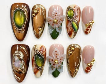 Luxury Brown Green Press On Nails, Autumn Almond Nails with 3D Flower, Gold Marble Nail Art, Custom Gemstone Effect Fake Nails, Gift for Her