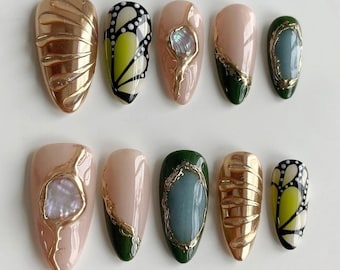 Handmade Green Gold Butterfly Press On Nails, Shell Stone Accent Gel Nails, Artistic Nature Inspired Nail Art Set for Women, Daily Nails.