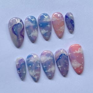 Cloud press on nails, Galaxy false nails, Pastel sky nails, Handmade nail art, Starry night nails, Moon press on set, Dreamy nail design, Cosmic nail art set, Cute pastel nails, Reusable false nails, Fantasy nail tips, Gift for her nails, Celestial press on