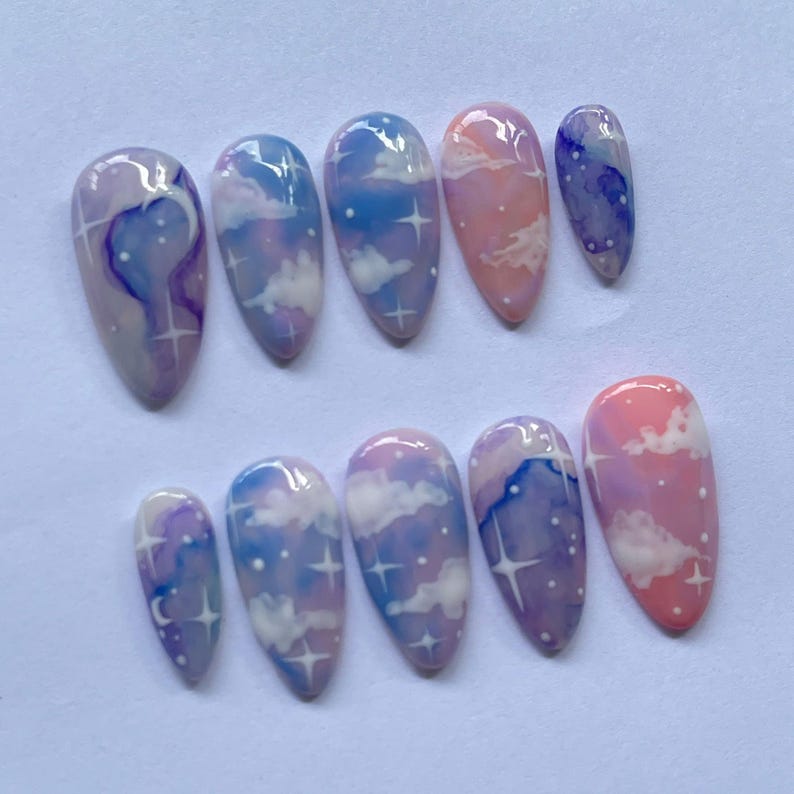 Cloud press on nails, Galaxy false nails, Pastel sky nails, Handmade nail art, Starry night nails, Moon press on set, Dreamy nail design, Cosmic nail art set, Cute pastel nails, Reusable false nails, Fantasy nail tips, Gift for her nails, Celestial press on