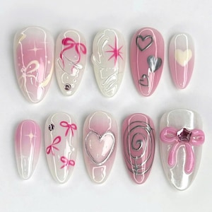 Pink Heart Bow Press On Nails, Cute Hand Painted Valentine Fake Nails, Kawaii Sweet 3D Nail Art Set, Reusable Nails, Gift for Her Handmade.