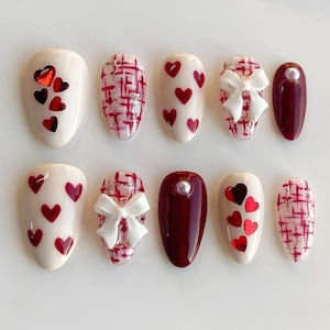 Valentine Press On Nails, Red Heart Nail Art with Bow & Pearl, Almond Nail Set, Cute Romantic False Nails for Gift, Date, Anniversary Look.