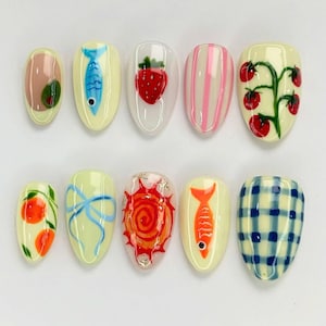 Unique Fruit Garden Press On Nails, Handmade Almond Nail Set with Tomato, Strawberry & Fish, Vegan-Friendly Nail Designs, Holiday/Party Nail