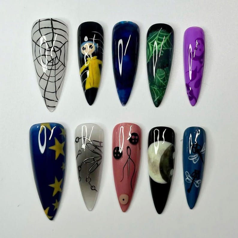 Coraline press on, Gothic nail art, Spooky press nails, Creepy cute nails, Halloween fake nails, Handmade false nails, Horror nail design, Dark aesthetic nails, Unique press on set, Witchy nail art, Long stiletto nails, Movie inspired nails, Alternative nails, Custom nail design, Holiday nails, Party nails