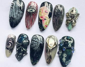 Whimsical Halloween Press On Nails, Dark Aesthetic Fake Nails, Creepy Horror Art Nails, Scary Witchy Nail Set, Halloween Nails, Clown Nails.