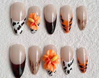 Autumn Zebra Print Press On Nails, Fall-Inspired Nail Art with French Tips and 3D Flowers, Handmade Fall Nail Art, Fake Nails, Press Ons.