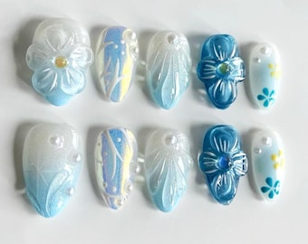Flower Nails, Hand-painted Nails, Custom Press On Nails, Wedding Nails, 3D Nail, Ochids Nail, Acrylic Nail, Fake Nail, Nail Art, Floral Nail