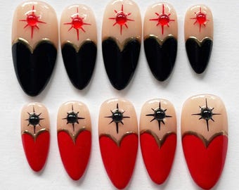 Handgemachte Herz French Tip Press On Nails, Schwarz Roter Stern Design Gefälschte Nägel, Süße Valentinstag Nägel, Geschenk für Sie, Gothic Nail Art