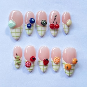 Custom Fruit Press On Nails, Colorful 3D Fruit False Nails with Grid Design, Cute Almond Summer Nail Art Set, Reusable Nails, Gift for Women