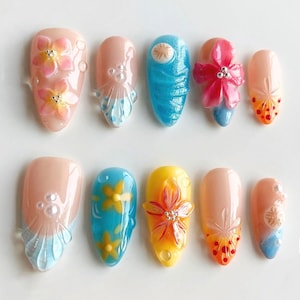 Handmade Tropical Floral Nail Art Set – 3D Summer Beach Designs with Shells, Pearls & Bright Colors for a Vibrant Look, Spring Nails, Gifts.