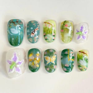 Hand Painted Nature Press On Nails, Koi Fish Swan Garden Nail Art, Custom Reusable Fake Nails, Japanese Aesthetic Nails, Whimsical Nails.