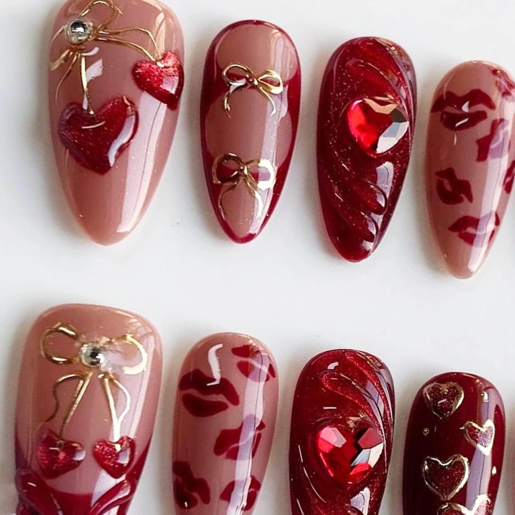 EVER NAIL Valentine No.2 グルー Glitter Valentine Nail Set, Red Press-on Nails With 3D Heart