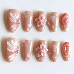 3D Orchids Press On Nails, 3D Flowers, Patel Nail Set, Almond Nails Perfect for a Glamorous Spring Look, Birthday, Holiday Nails, Daily Nail