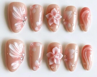 Uñas postizas con orquídeas 3D, flores 3D, juego de uñas con diseño de pata, uñas almendradas perfectas para un look primaveral glamuroso, cumpleaños, uñas festivas y uñas para el día a día.