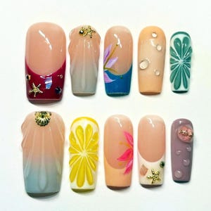Summer Beach Floral Press On Nails, Hand Painted Long Square Nails, 3D Custom Nail Art Set, Cute Fruit Fake Nails, Vacation Nail Tips