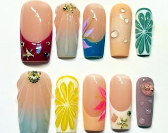 Summer Beach Floral Press On Nails, Hand Painted Long Square Nails, 3D Custom Nail Art Set, Cute Fruit Fake Nails, Vacation Nail Tips