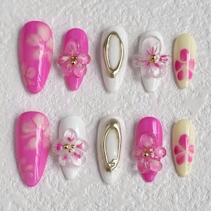 Pink Flower Press On Nails, White Nails, Custom Fake Acrylic Nails, Pink Almond Nails, Perfect for a Glamorous Spring Look, Birthday Gift