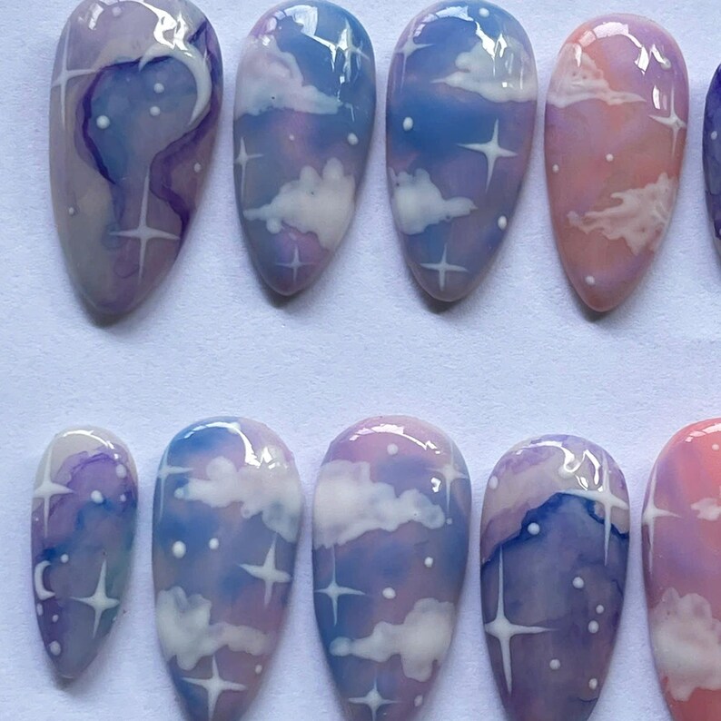 Cloud press on nails, Galaxy false nails, Pastel sky nails, Handmade nail art, Starry night nails, Moon press on set, Dreamy nail design, Cosmic nail art set, Cute pastel nails, Reusable false nails, Fantasy nail tips, Gift for her nails, Celestial press on