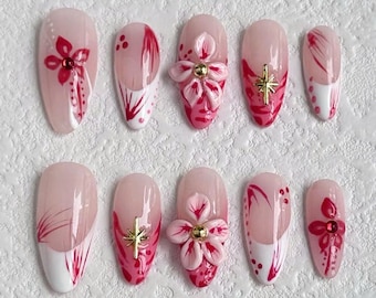 Unghie finte con fiori audaci, fiori 3D, nail art con french manicure, set di unghie rosa, unghie a mandorla perfette per un look primaverile glamour, regalo di compleanno