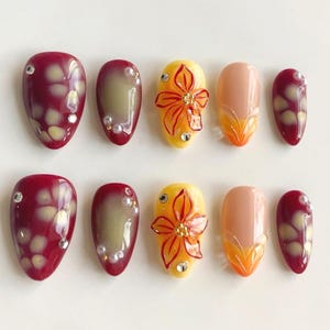 Autumn Press On Nails, Hand-painted 3D Flower Nails, Custom Nail Design, Elegance Nail Set, Tortoise Shell Nails, Brown Nails, Holiday Nails