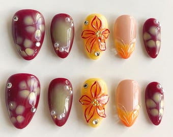Autumn Press On Nails, Hand-painted 3D Flower Nails, Custom Nail Design, Elegance Nail Set, Tortoise Shell Nails, Brown Nails, Holiday Nails