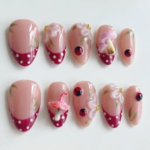 Garden Party Press On Nails, Short Oval Nail Set with Ladybug, Mushroom & Flower, Spring Nails, Fairy Nails, French Tips Nails, Party Nails.