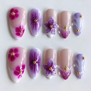 Dreamy Purple Press On Nails with Orchid Flower, French Tips, Srpring Nails, Party Nails, Daily Nails, Reusable Nails, Perfect Gift for Her.