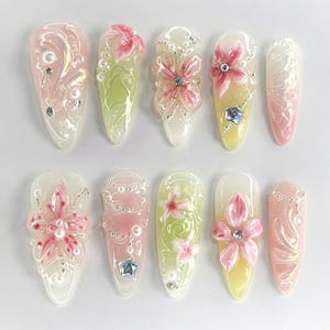 Custom Spring-Inspired Press On Nails with Elegant Flower Designs, Daily Nails, Reusable Nails, Wedding/Party Nails, Perfect Gift for Her.