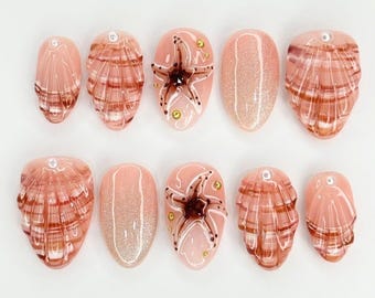 Summer Press On Nails, 3D Ocean Short Nails with Starfish, Octopus, Unique Under the Sea Fake Nails, Mermaid Cosplay Set, Beach Holiday Nail