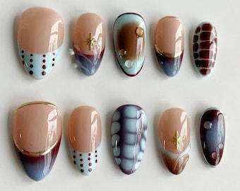 Handmade Abstract Press On Nails, Brown Blue Gradient Nail Art with Dots & Jelly Finish, Tortoise Shell Nails, Autumn Nails, Short Nails.