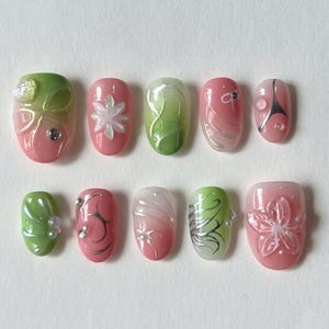 Unhas curtas de flores, unhas pintadas à mão, unhas de pressão personalizadas, unhas de casamento, unhas 3D, unhas diárias, unhas de acrílico, unhas falsas de acrílico, nail art