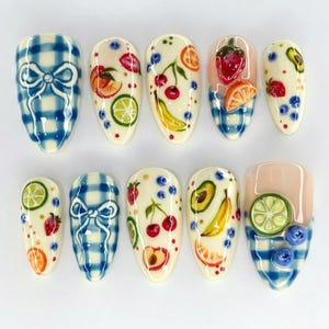 Unique Fruit Garden Press On Nails, Handmade Almond Nail Set with Aplle, Strawberry, Vegan-Friendly Nail Designs, Holiday/Party Nails, Gift