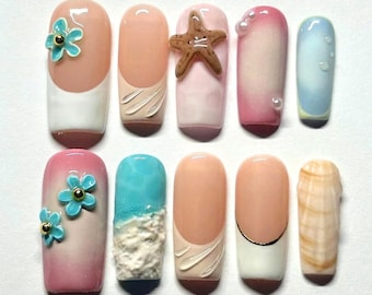 Handmade Beach Theme Press On Nails, Long Square Nails with Ocean 3D Starfish Nail Art, Summer Pastel False Nails, Cute Custom Nail Set.