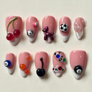 3D Sport Cherry Press On Nails, Handmade Billiard Ball Art Nails, Kawaii Cute Pink French Tips, Casino Almond Nails, Fun Nail Art for Gift.