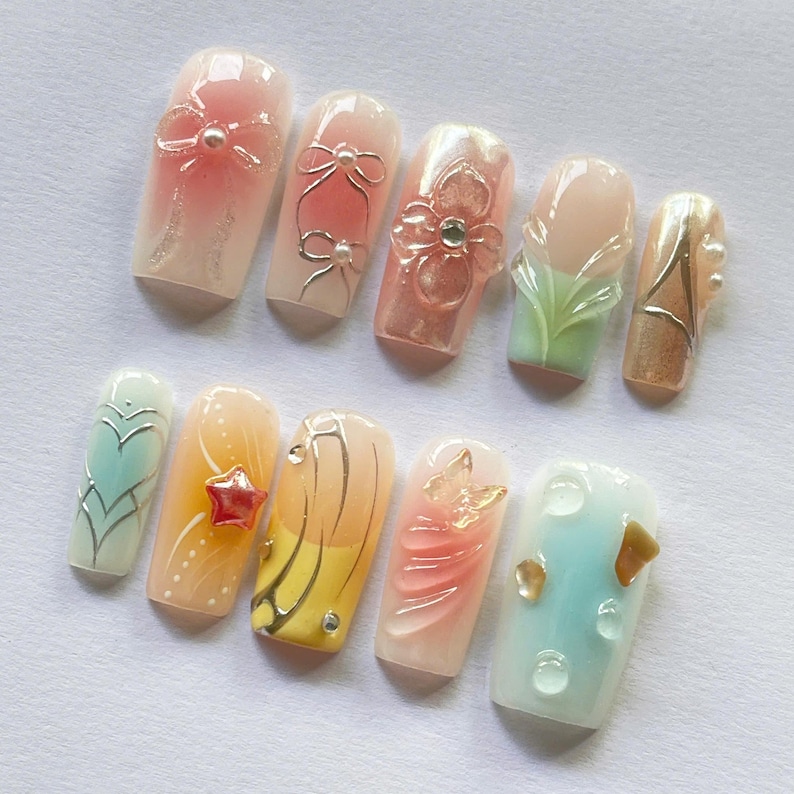 pastel nails, soft aesthetic, elegant nails, bow nails, butterfly nails, flower nails set, spring pressons, korean nails, cute pastel set, handmade nails, natural press ons, simple classy set, custom nail art
