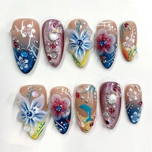 Summer Flower Press On Nails, Medium Almond Handmade Gel Nails with Blue Seashell Dolphin