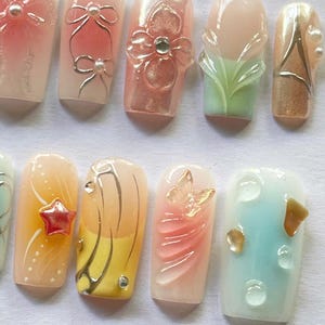 pastel nails, soft aesthetic, elegant nails, bow nails, butterfly nails, flower nails set, spring pressons, korean nails, cute pastel set, handmade nails, natural press ons, simple classy set, custom nail art