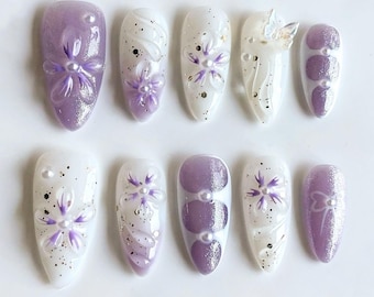 Purple Orchids Press On Nails, Dreamy Nail Set, Almond Nails with French Tips, 3D Flowers, Party/Holiday Nails, Daily Nails, Reusable Nails.